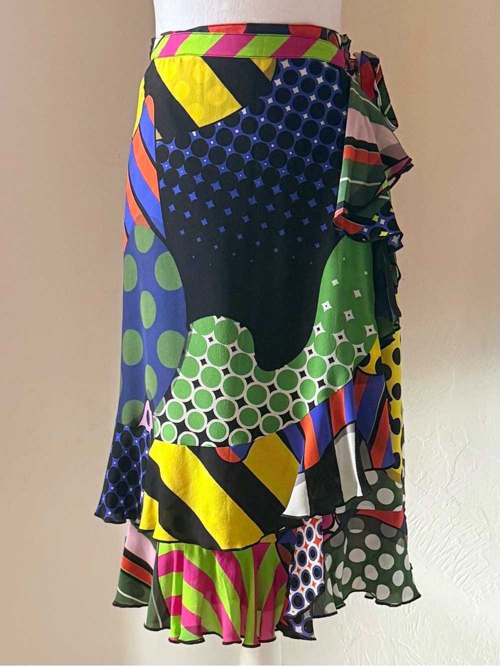 Libertine Multicolor Pop Art Style Polka Dot Print Silk Ruffle Hem Wrap Skirt S
